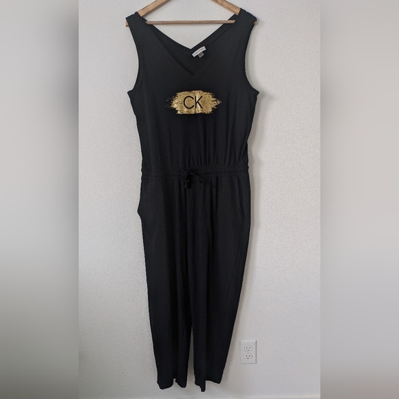 Calvin Klein Women's Logo Jumpsuit Romper Drawstring, size L, black/gold - Picture 3 of 9